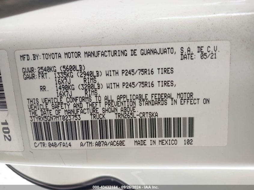 3TYRX5GN7MT023753 2021 Toyota Tacoma Sr