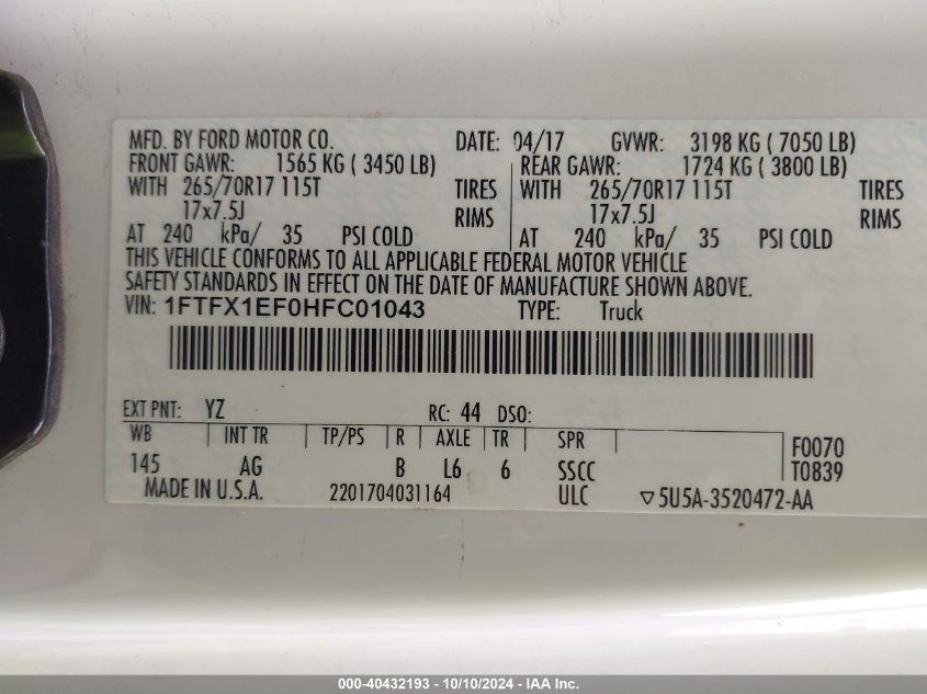 2017 Ford F-150 Xl VIN: 1FTFX1EF0HFC01043 Lot: 40432193