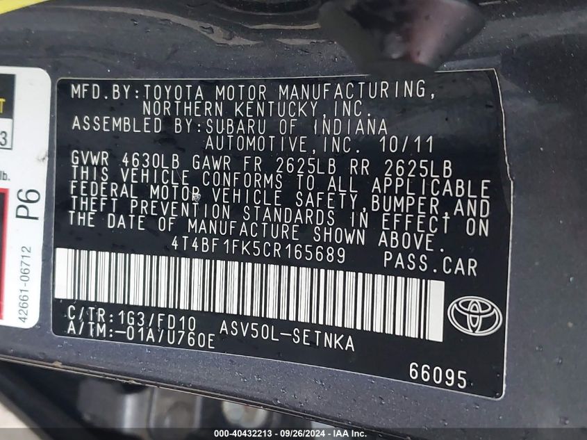 4T4BF1FK5CR165689 2012 Toyota Camry Le
