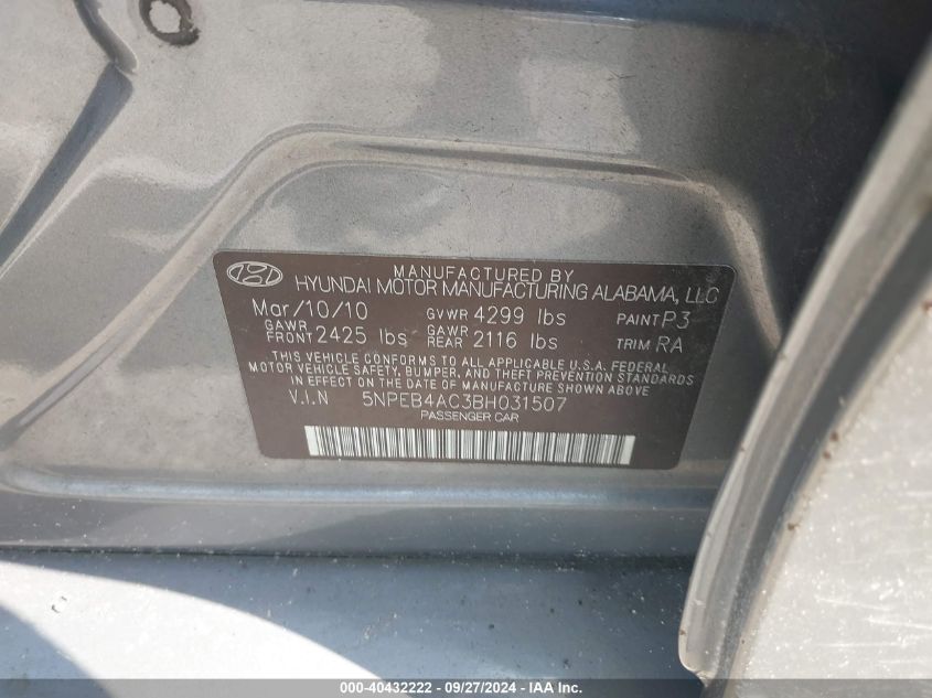 5NPEB4AC3BH031507 2011 Hyundai Sonata Gls