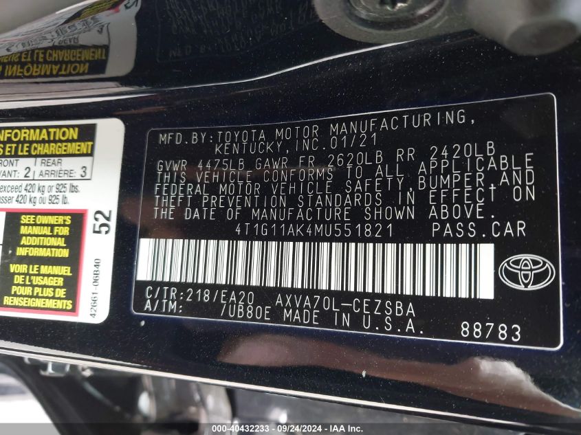 4T1G11AK4MU551821 2021 Toyota Camry Se