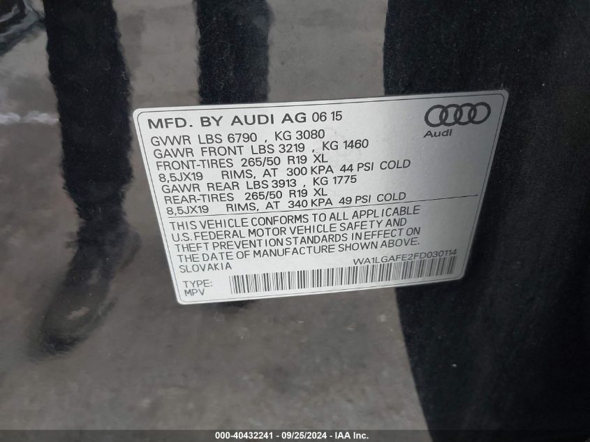 WA1LGAFE2FD030114 2015 Audi Q7 3.0T Premium