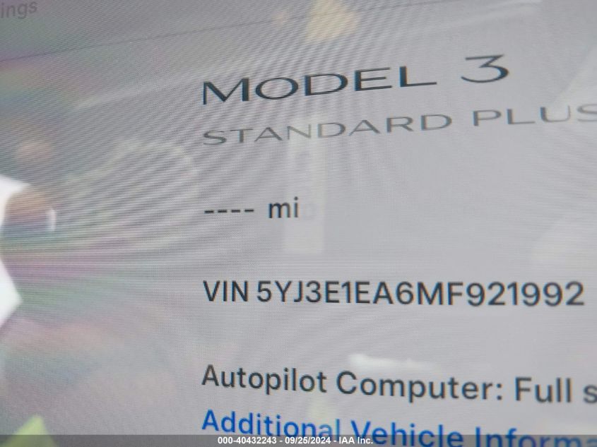 2021 Tesla Model 3 Standard Range Plus Rear-Wheel Drive VIN: 5YJ3E1EA6MF921992 Lot: 40432243