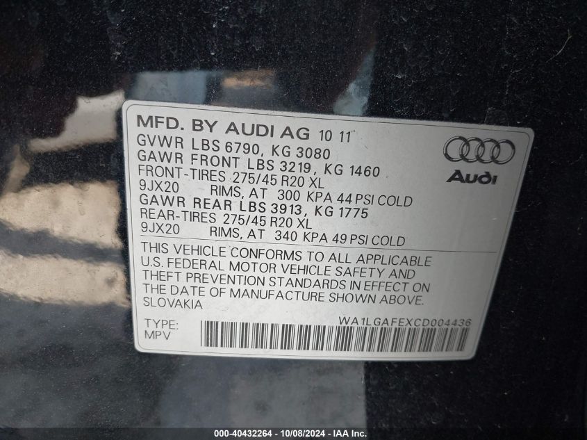 WA1LGAFEXCD004436 2012 Audi Q7 3.0T Premium