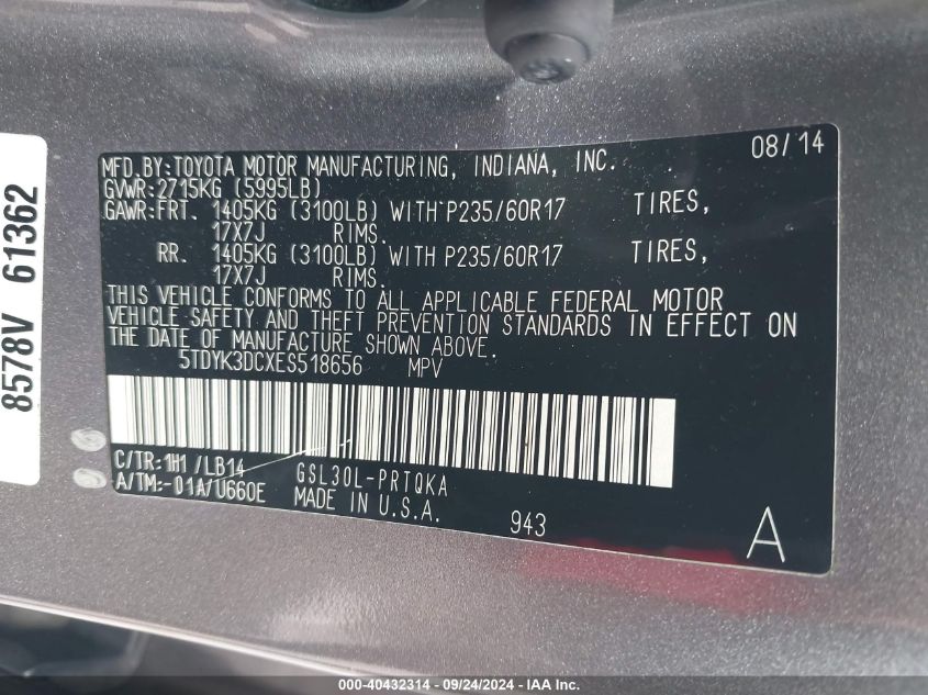 5TDYK3DCXES518656 2014 Toyota Sienna Xle V6 8 Passenger