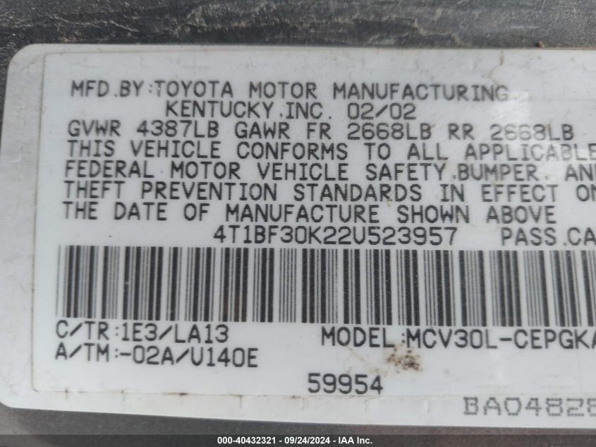 4T1BF30K22U523957 2002 Toyota Camry Xle V6