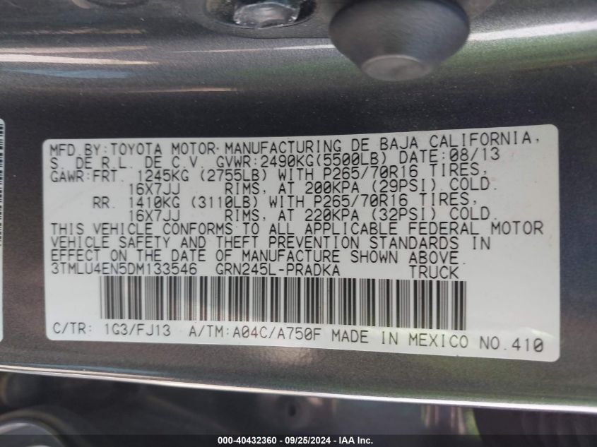 3TMLU4EN5DM133546 2013 Toyota Tacoma Base V6