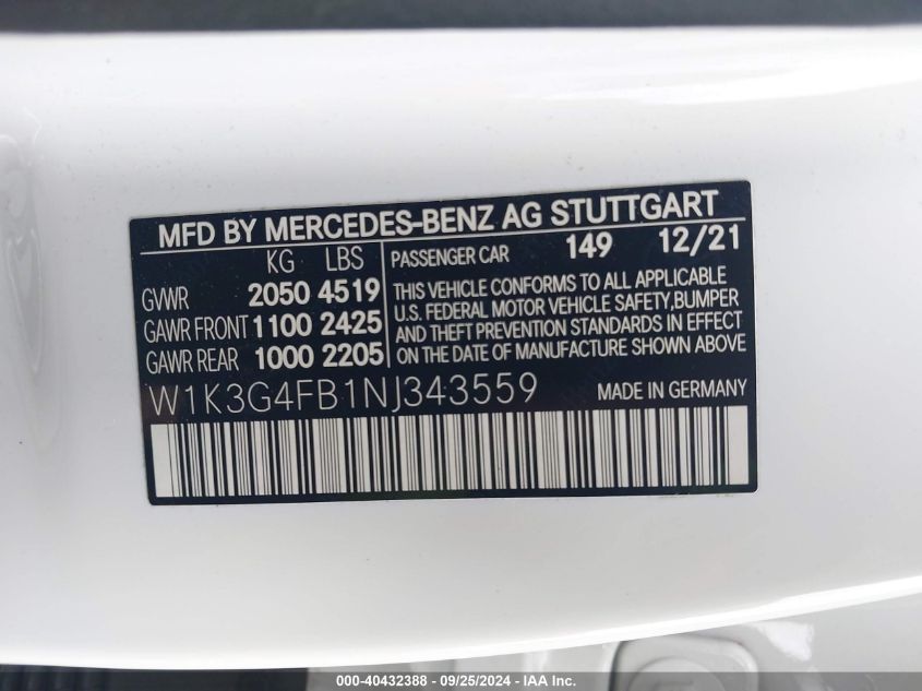 2022 Mercedes-Benz A 220 4Matic VIN: W1K3G4FB1NJ343559 Lot: 40432388