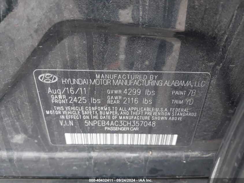 5NPEB4AC3CH357048 2012 Hyundai Sonata Gls