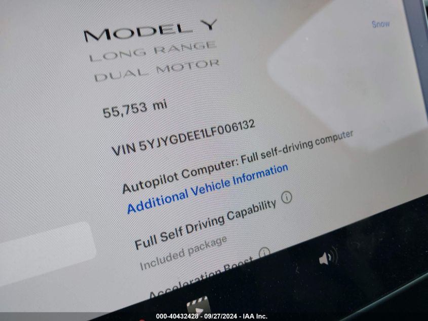 2020 Tesla Model Y Long Range Dual Motor All-Wheel Drive VIN: 5YJYGDEE1LF006132 Lot: 40432428