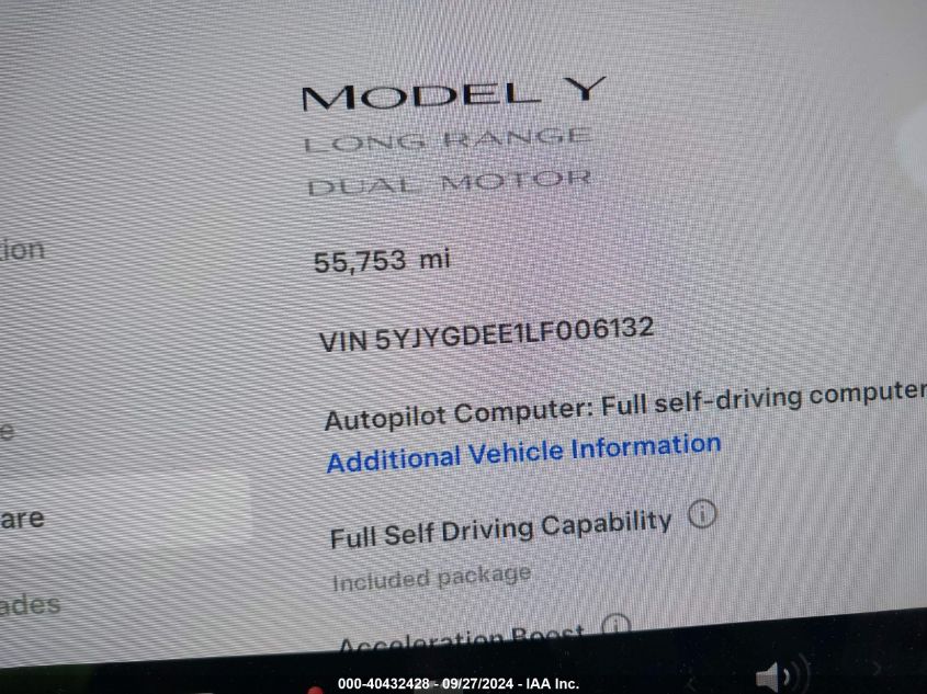 2020 Tesla Model Y Long Range Dual Motor All-Wheel Drive VIN: 5YJYGDEE1LF006132 Lot: 40432428