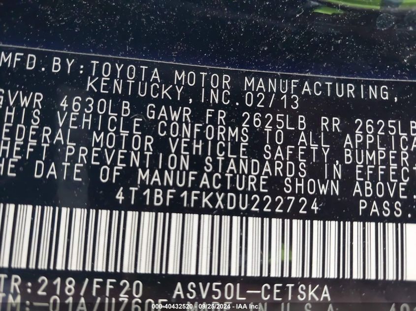 4T1BF1FKXDU222724 2013 Toyota Camry Se