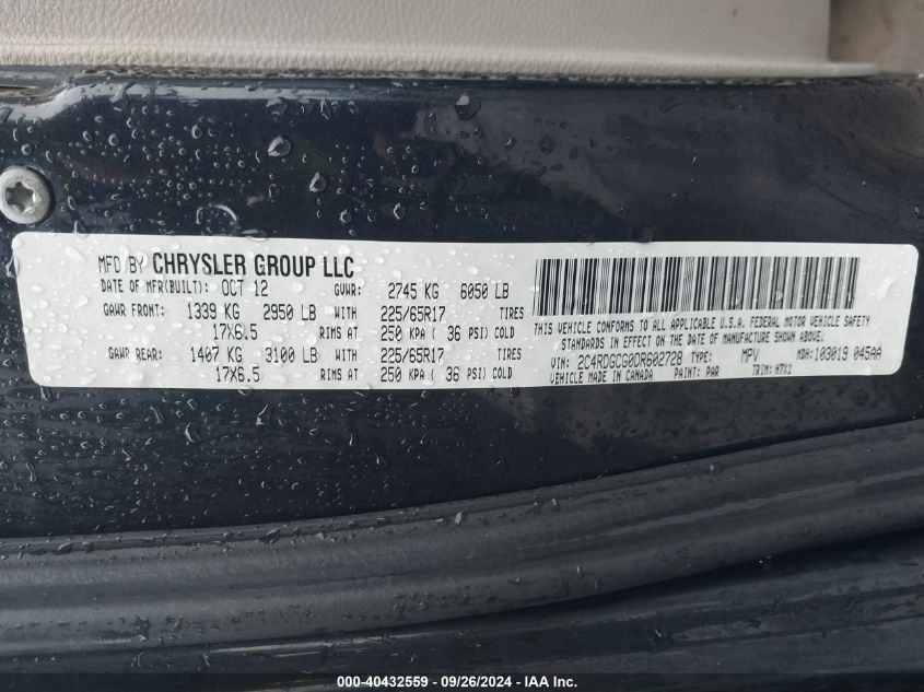 2013 Dodge Grand Caravan Sxt VIN: 2C4RDGCG0DR602728 Lot: 40432559