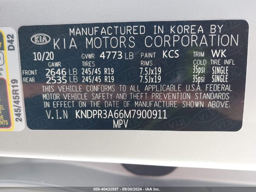 2021 Kia Sportage Sx Turbo VIN: KNDPR3A66M7900911 Lot: 40432597