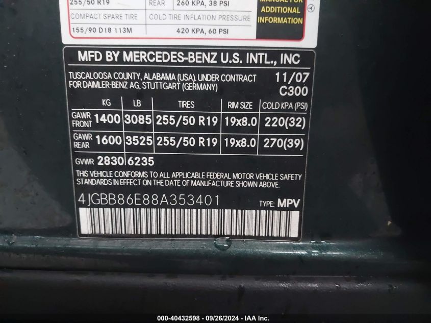 4JGBB86E88A353401 2008 Mercedes-Benz Ml 350