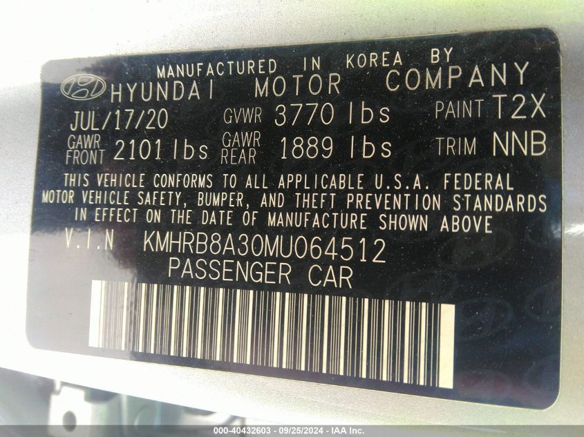 2021 Hyundai Venue Se VIN: KMHRB8A30MU064512 Lot: 40432603