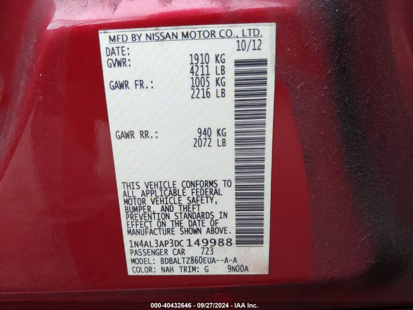 1N4AL3AP3DC149988 2013 Nissan Altima 2.5 Sv