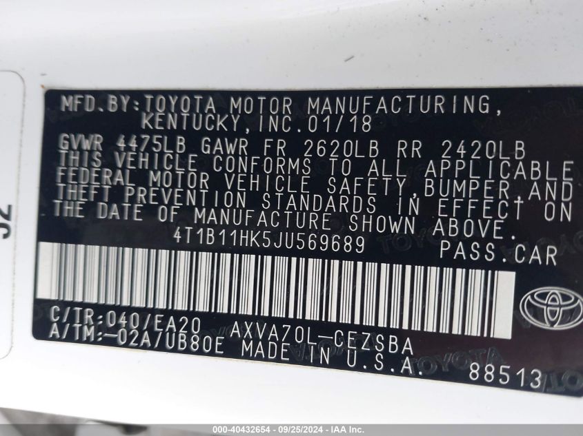 4T1B11HK5JU569689 2018 Toyota Camry Se