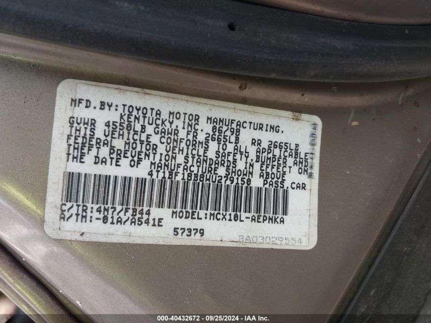 4T1BF18B8WU279150 1998 Toyota Avalon Xl