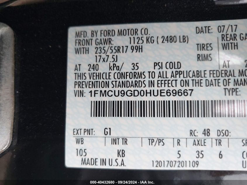 1FMCU9GD0HUE69667 2017 Ford Escape Se