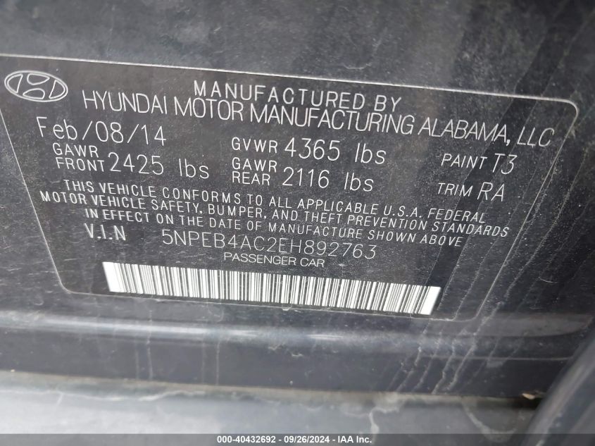 2014 HYUNDAI SONATA GLS - 5NPEB4AC2EH892763