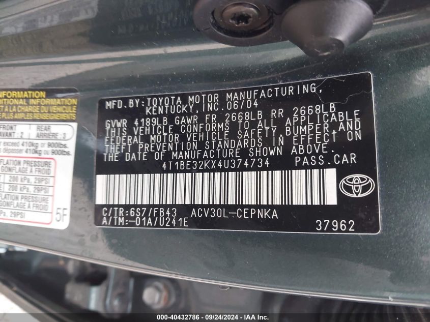 4T1BE32KX4U374734 2004 Toyota Camry Le