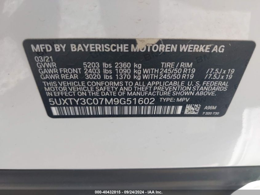 2021 BMW X3 Sdrive30I VIN: 5UXTY3C07M9G51602 Lot: 40432815