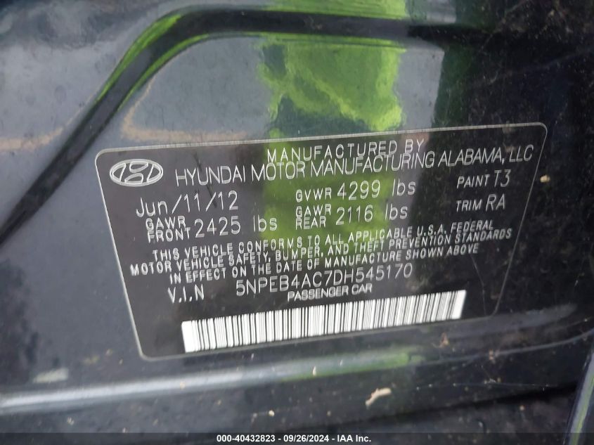 5NPEB4AC7DH545170 2013 Hyundai Sonata Gls