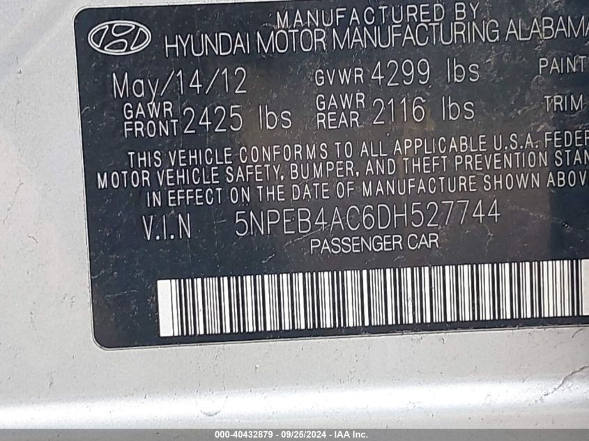 5NPEB4AC6DH527744 2013 Hyundai Sonata Gls