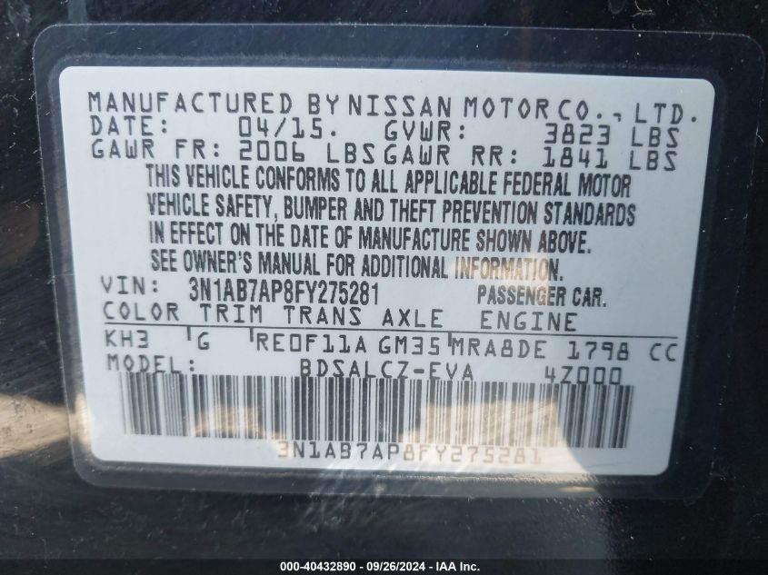 3N1AB7AP8FY275281 2015 Nissan Sentra S