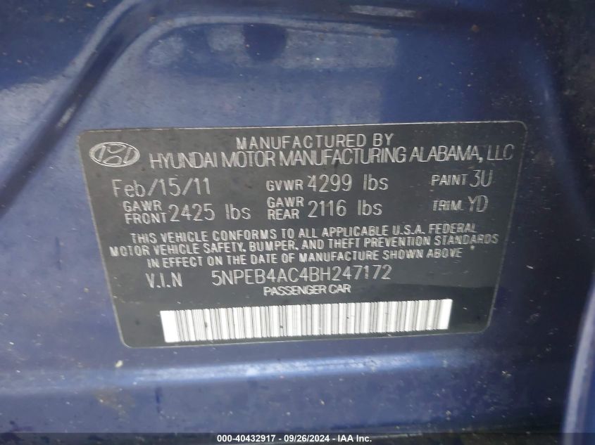 5NPEB4AC4BH247172 2011 Hyundai Sonata Gls