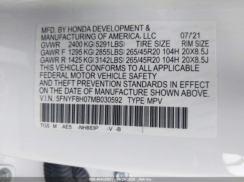 2021 Honda Passport Elite VIN: 5FNYF8H07MB030592 Lot: 40432931