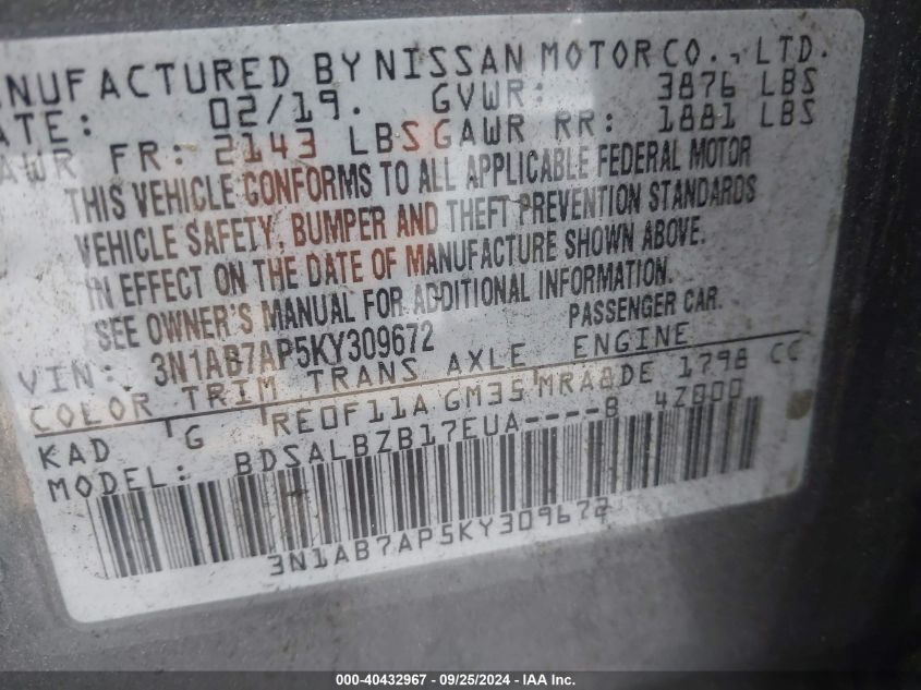 3N1AB7AP5KY309672 2019 Nissan Sentra S