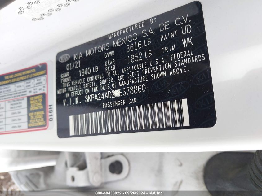 2021 KIA RIO 1.6L I-4 DOHC, VVT, (VIN: 3KPA24AD2ME378860