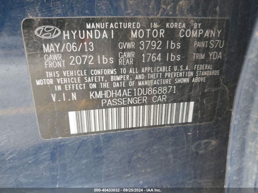 2013 Hyundai Elantra Gls VIN: KMHDH4AE1DU868871 Lot: 40433032