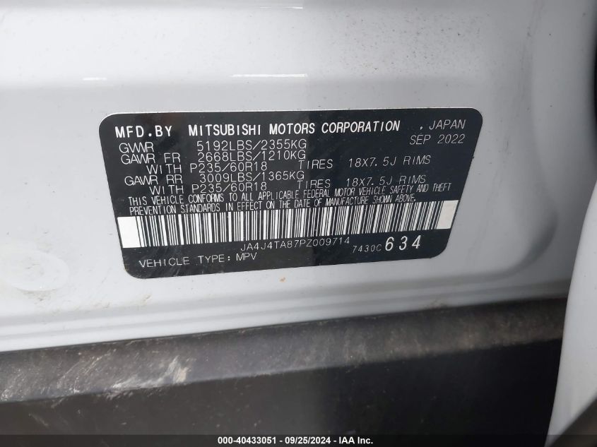 2023 Mitsubishi Outlander Es 2.5 S-Awc VIN: JA4J4TA87PZ009714 Lot: 40433051