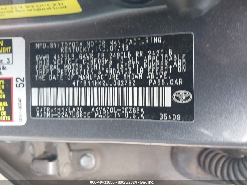 4T1B11HK2JU062782 2018 Toyota Camry Xle