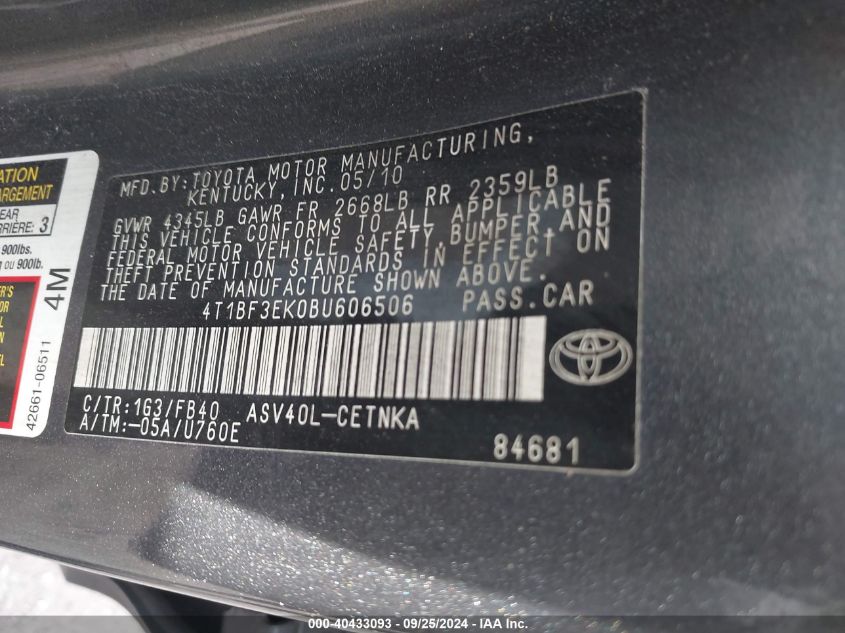 4T1BF3EK0BU606506 2011 Toyota Camry Le