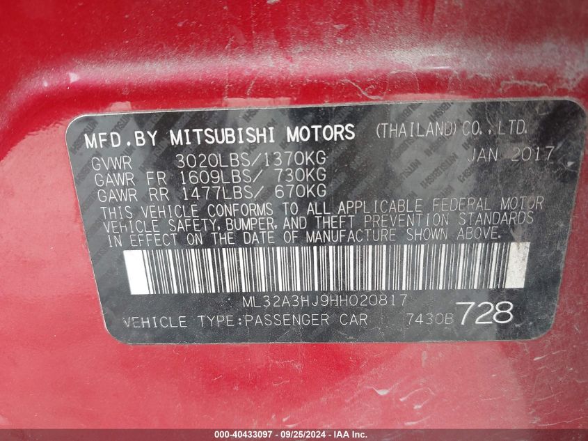 2017 Mitsubishi Mirage Es VIN: ML32A3HJ9HH020817 Lot: 40433097