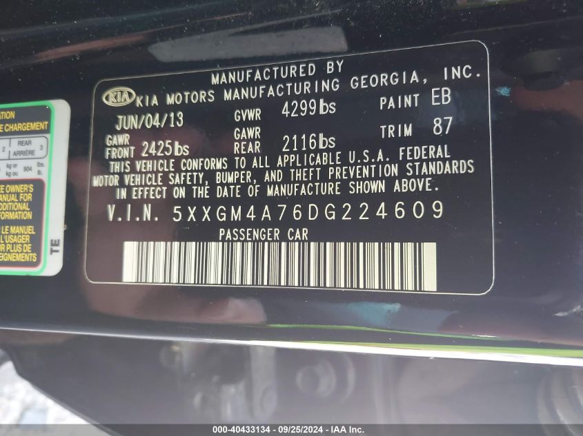 2013 Kia Optima Lx VIN: 5XXGM4A76DG224609 Lot: 40433134