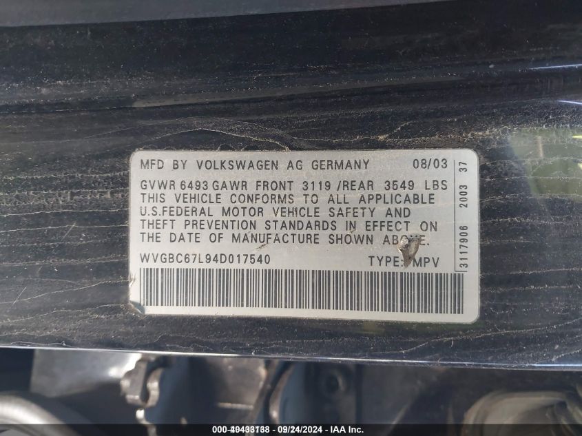 WVGBC67L94D017540 2004 Volkswagen Touareg V6