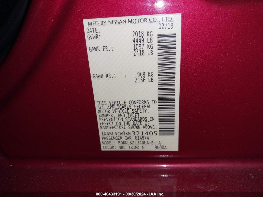 1N4BL4CW3KN321405 2019 Nissan Altima Sr