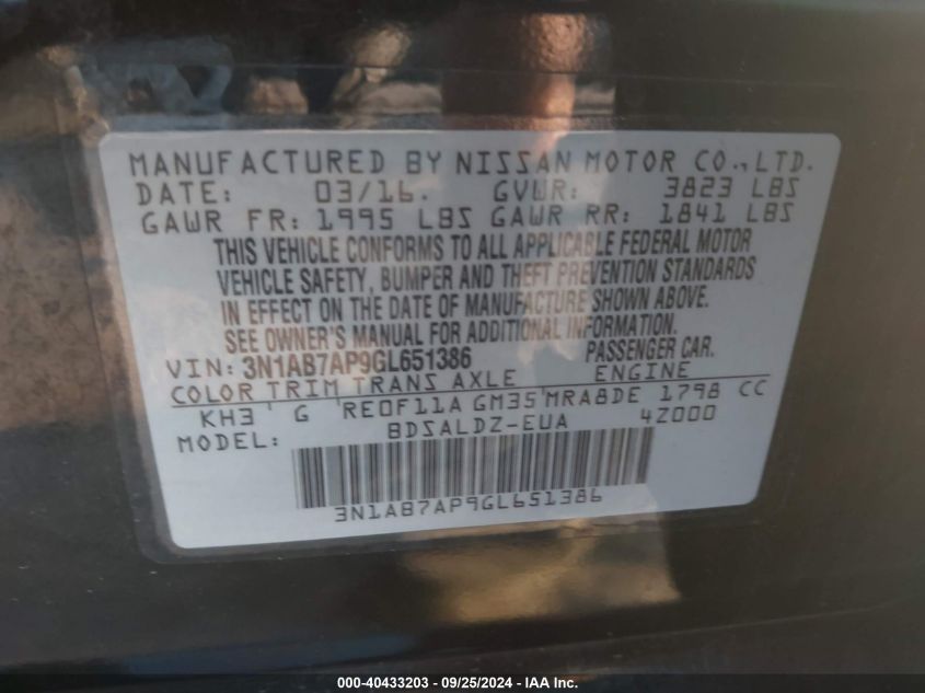 2016 NISSAN SENTRA FE+ S/S/SL/SR/SV - 3N1AB7AP9GL651386