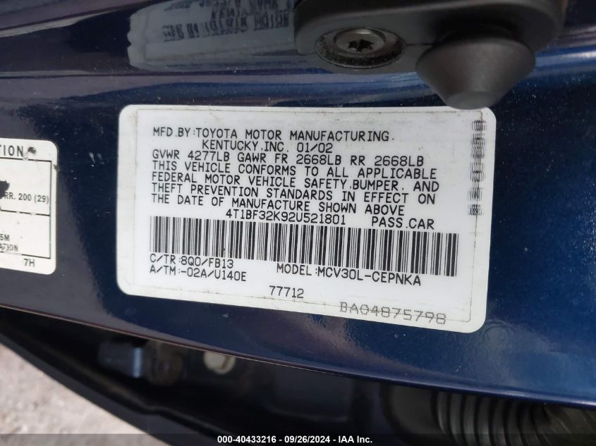 4T1BF32K92U521801 2002 Toyota Camry Le V6