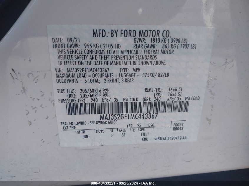 MAJ3S2GE1MC443367 2021 Ford Ecosport Se