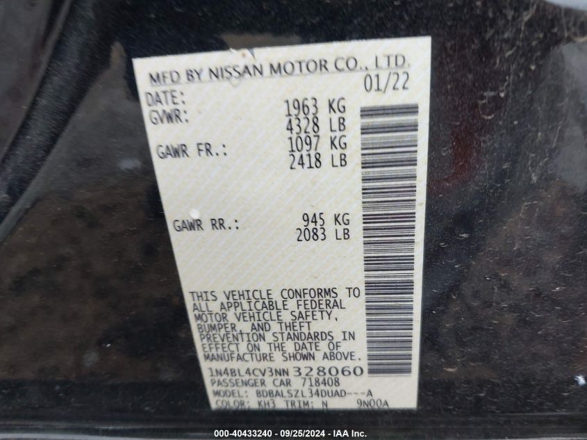 2022 Nissan Altima Sr Fwd VIN: 1N4BL4CV3NN328060 Lot: 40433240