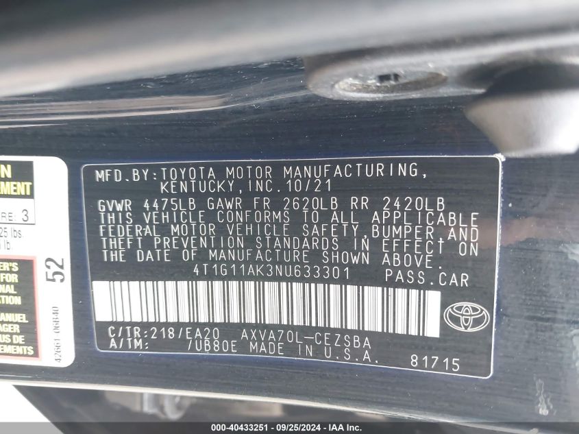 4T1G11AK3NU633301 2022 Toyota Camry Se