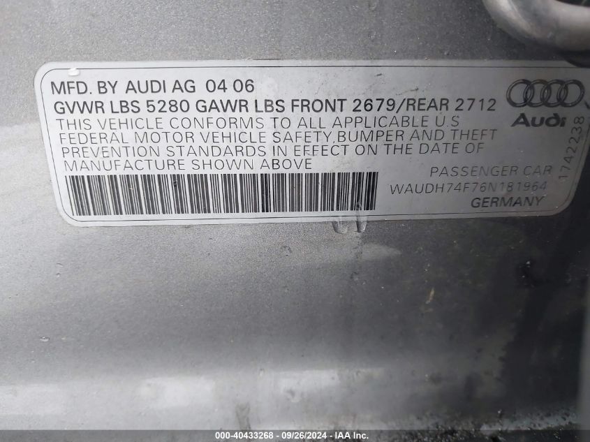 WAUDH74F76N181964 2006 Audi A6 3.2