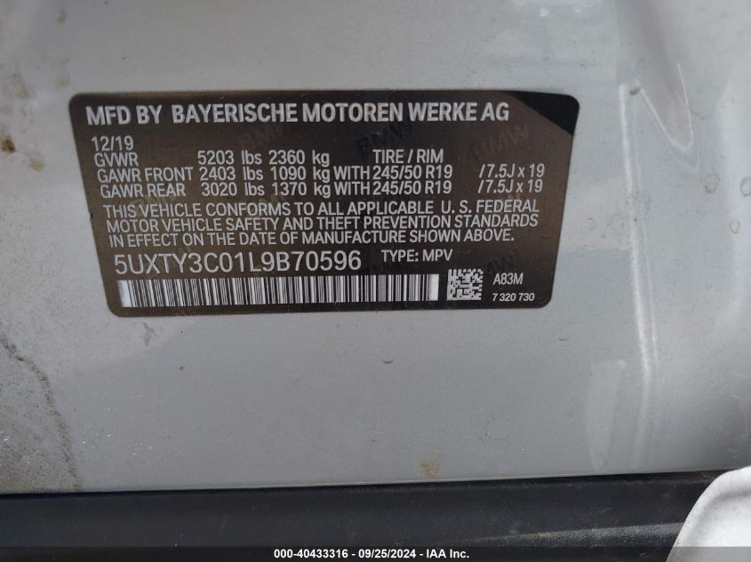 5UXTY3C01L9B70596 2020 BMW X3 Sdrive30I