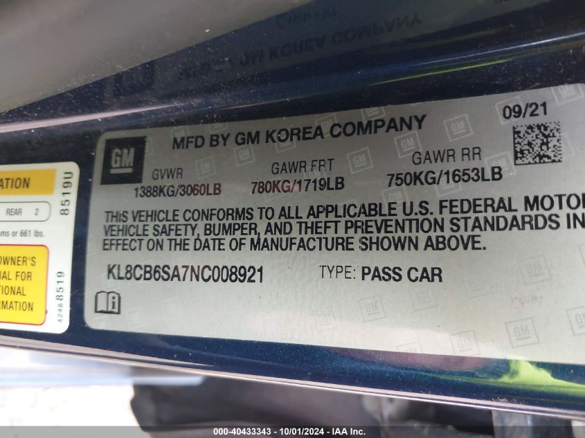 KL8CB6SA7NC008921 2022 Chevrolet Spark Fwd Ls Automatic